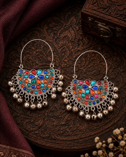 Multi Daisha Oxidised Silver Chandbali Earrings