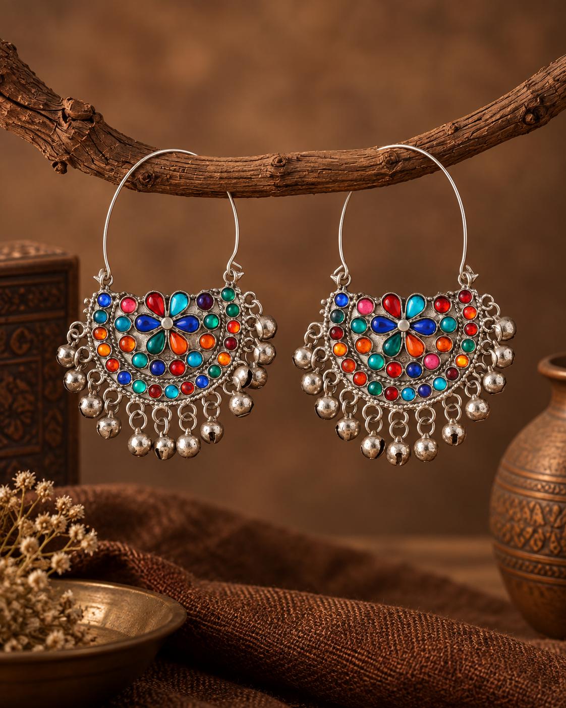 Multi Daisha Oxidised Silver Chandbali Earrings