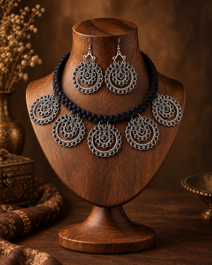 Silver & Black Vaira Oxidised Necklace & Earrings