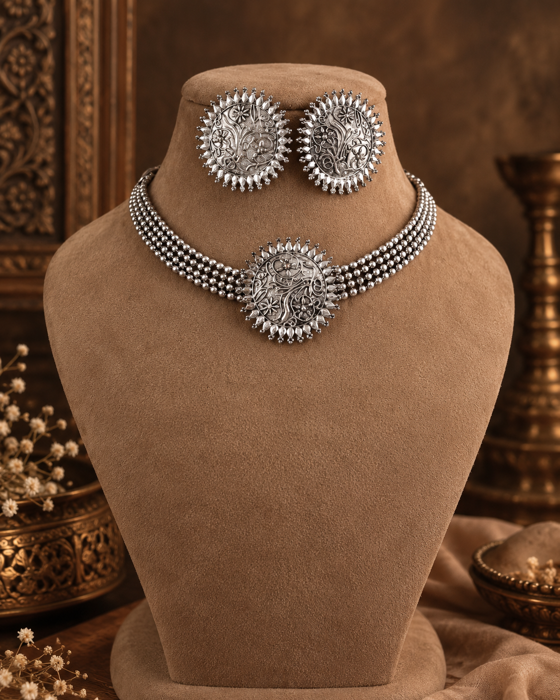 Gulshan Oxidised Silver Necklace Set with Earrings