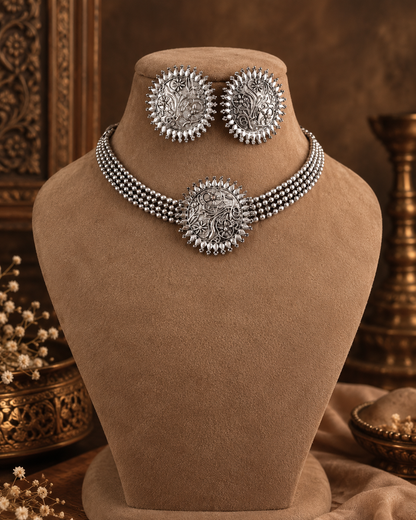 Gulshan Oxidised Silver Necklace Set with Earrings
