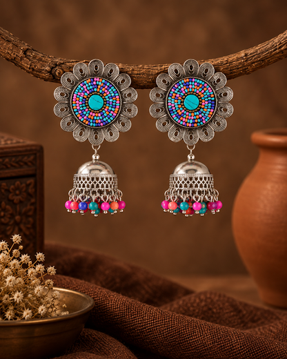 Multi Nazm Oxidised Silver Jhumka Earrings