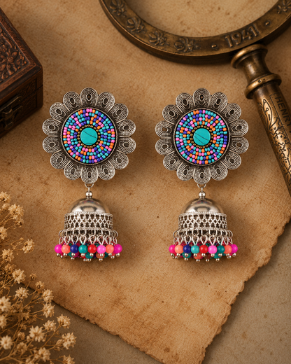 Multi Nazm Oxidised Silver Jhumka Earrings