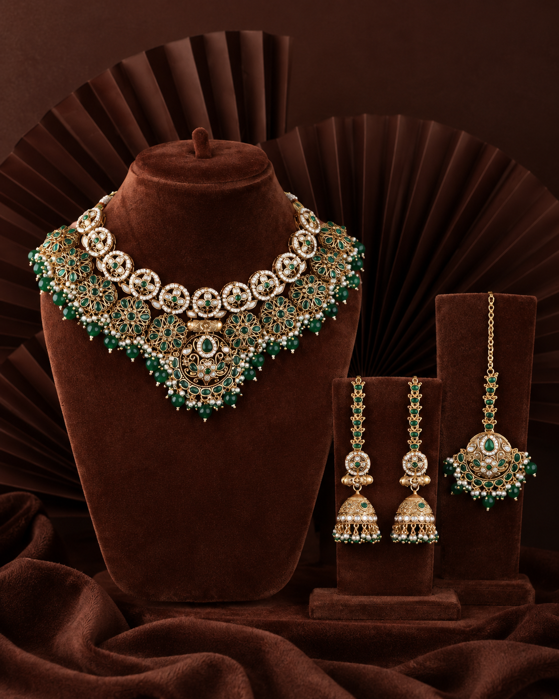 Green Ruhanya Rajwada Necklace Set with Earring and Teeka