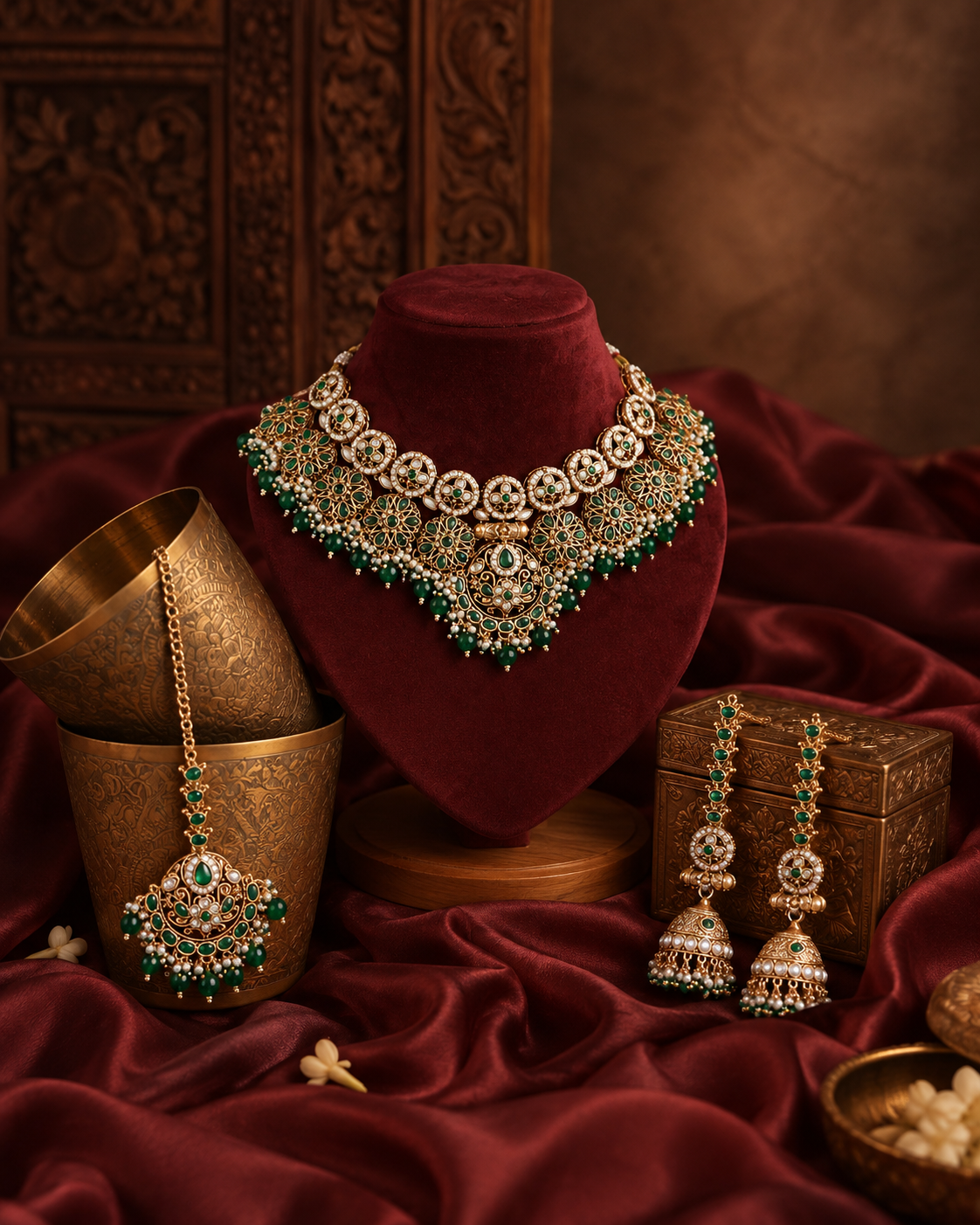 Green Ruhanya Rajwada Necklace Set with Earring and Teeka