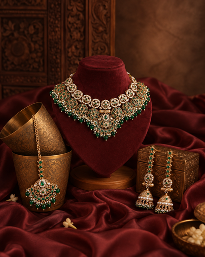 Green Ruhanya Rajwada Necklace Set with Earring and Teeka