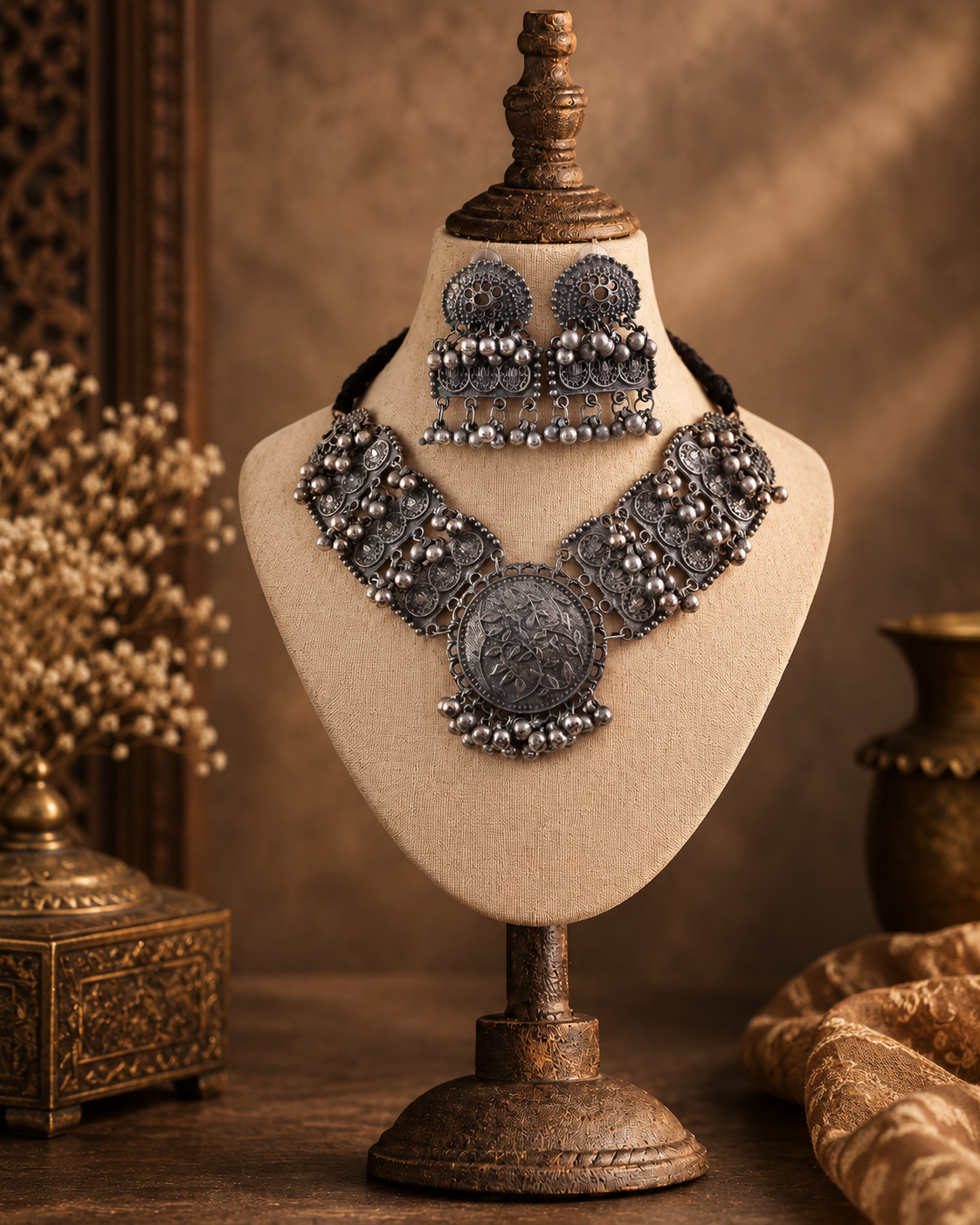 Aayansh Oxidised Silver Necklace Set with Jhumka Earrings