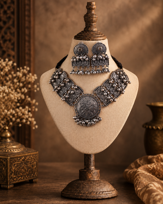 Aayansh Oxidised Silver Necklace Set with Jhumka Earrings