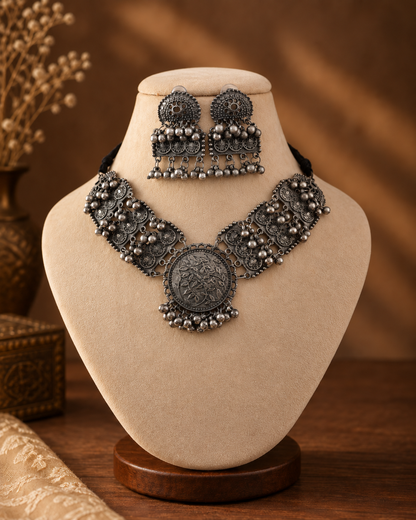 Aayansh Oxidised Silver Necklace Set with Jhumka Earrings