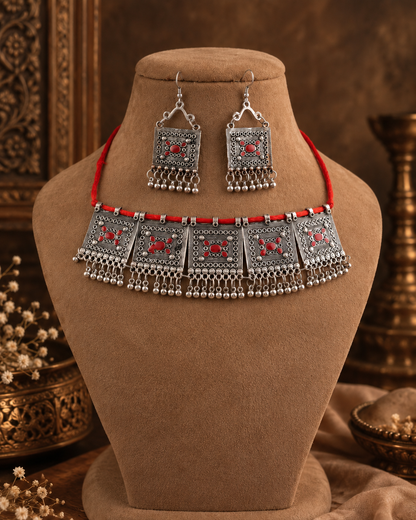 Armaan Oxidised Silver Necklace Set with Earrings