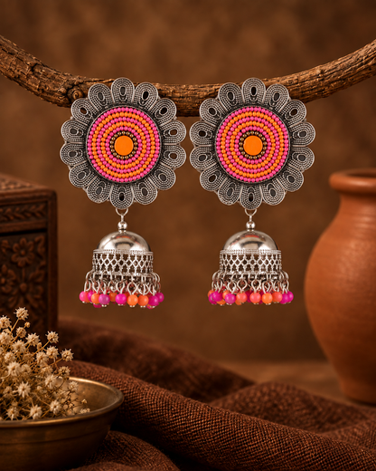 Pink-Orange Nazm Oxidised Silver Jhumka Earrings