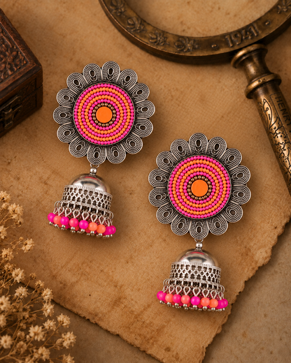 Pink-Orange Nazm Oxidised Silver Jhumka Earrings