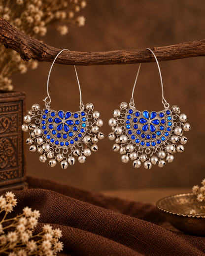 Blue Daisha Oxidised Silver Chandbali Earrings
