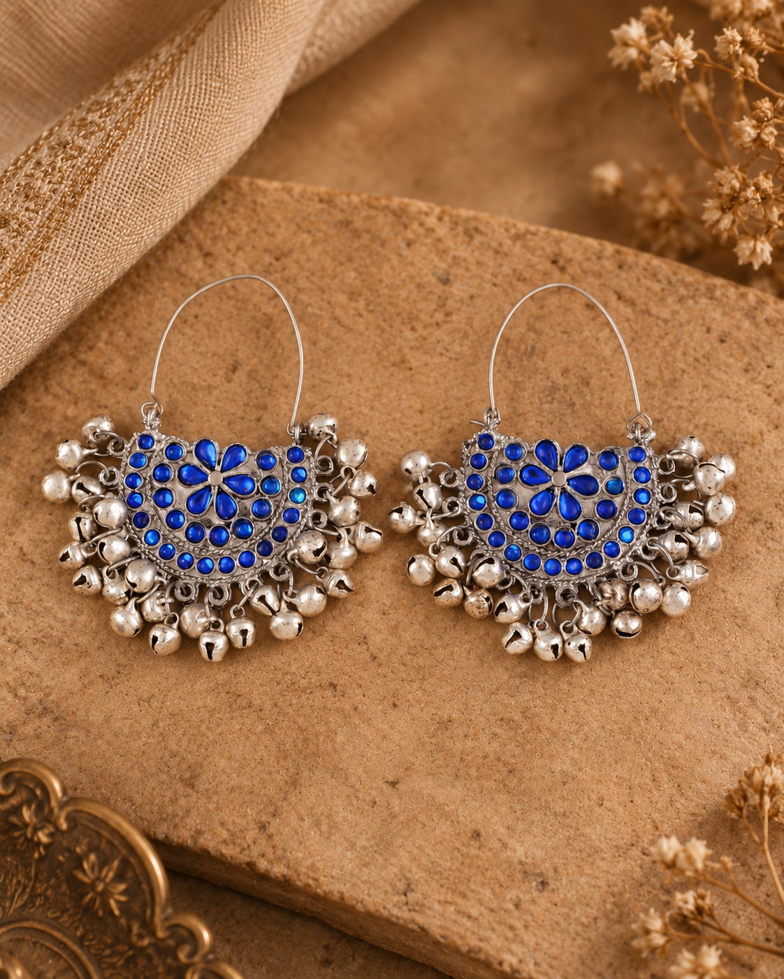 Blue Daisha Oxidised Silver Chandbali Earrings