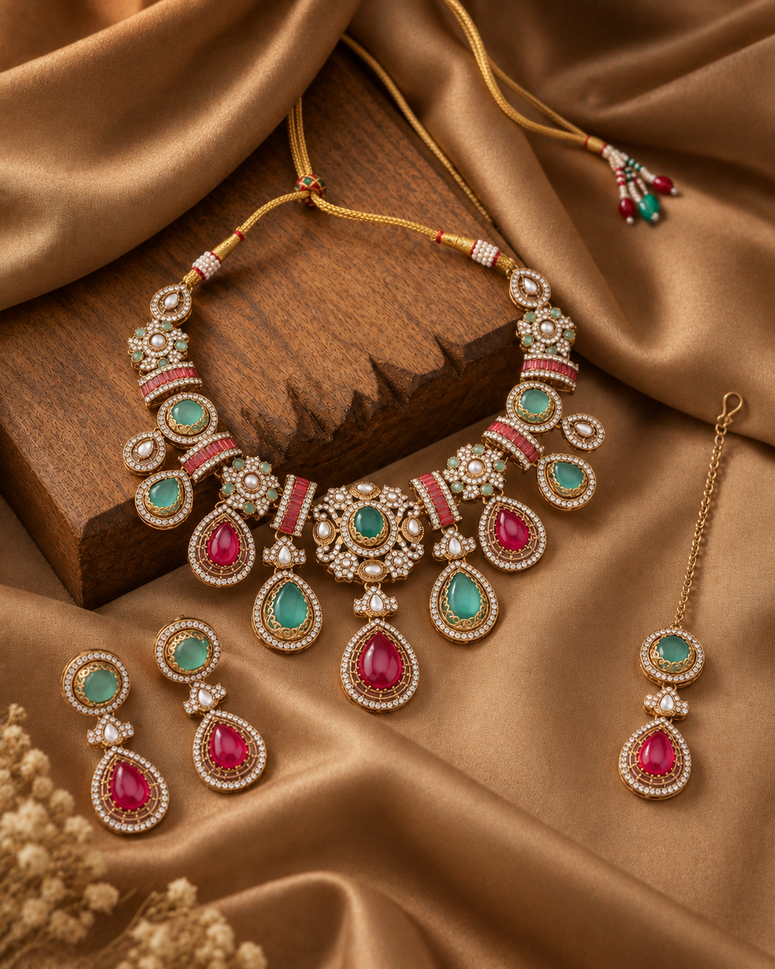 Ruby Mint Arovia Premium Sabya Inspired Necklace Set with Earring & Teeka