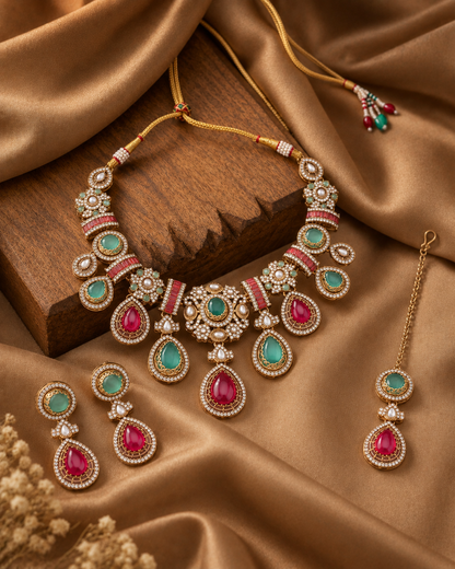 Ruby Mint Arovia Premium Sabya Inspired Necklace Set with Earring & Teeka