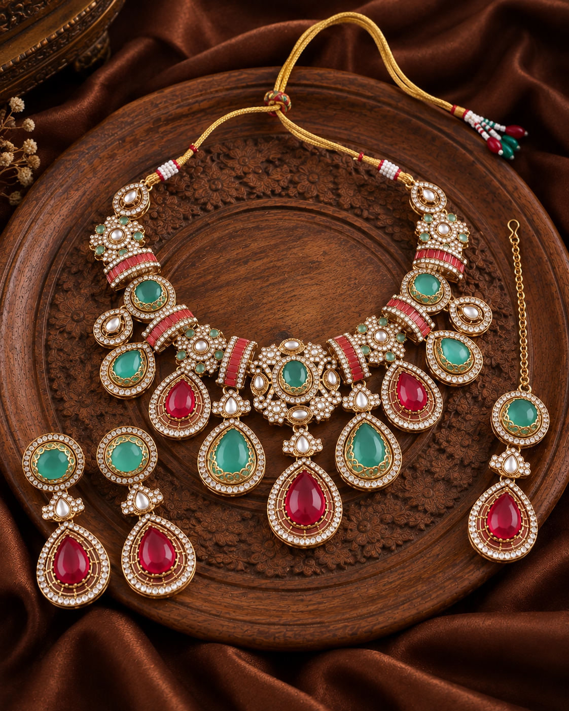 Ruby Mint Arovia Premium Sabya Inspired Necklace Set with Earring & Teeka