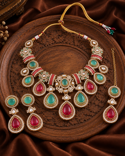 Ruby Mint Arovia Premium Sabya Inspired Necklace Set with Earring & Teeka