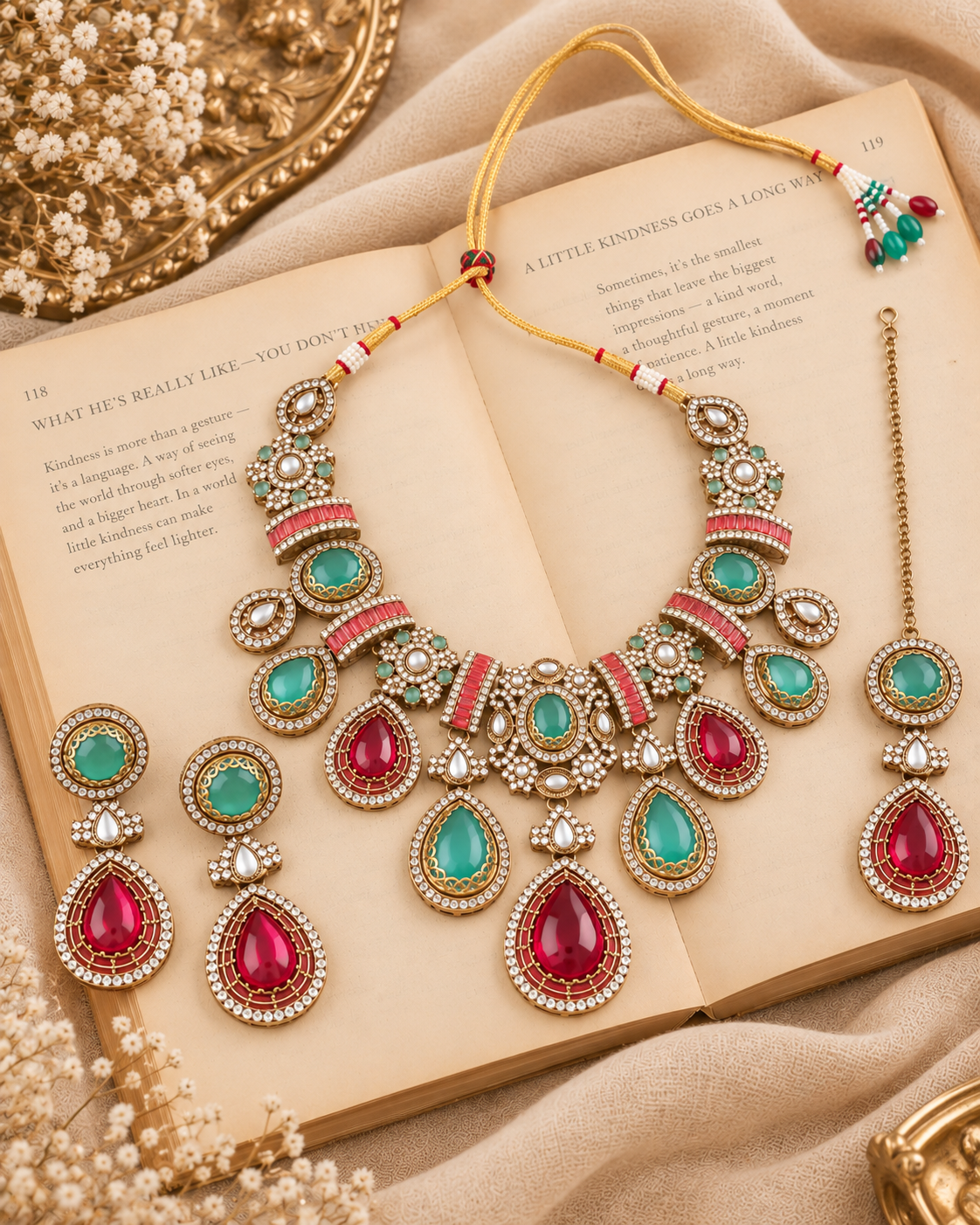 Ruby Mint Arovia Premium Sabya Inspired Necklace Set with Earring & Teeka