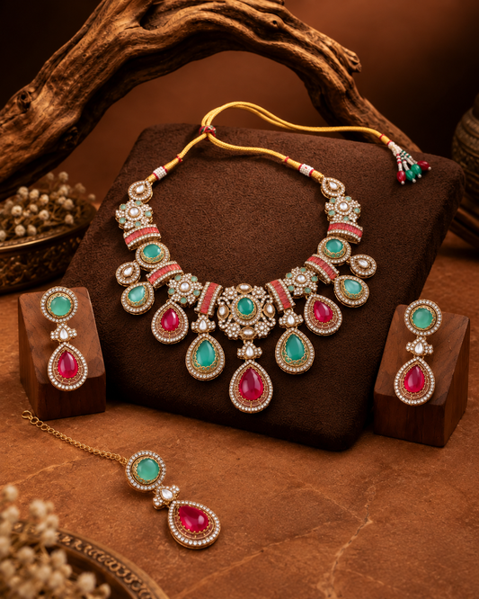 Ruby Mint Arovia Premium Sabya Inspired Necklace Set with Earring & Teeka