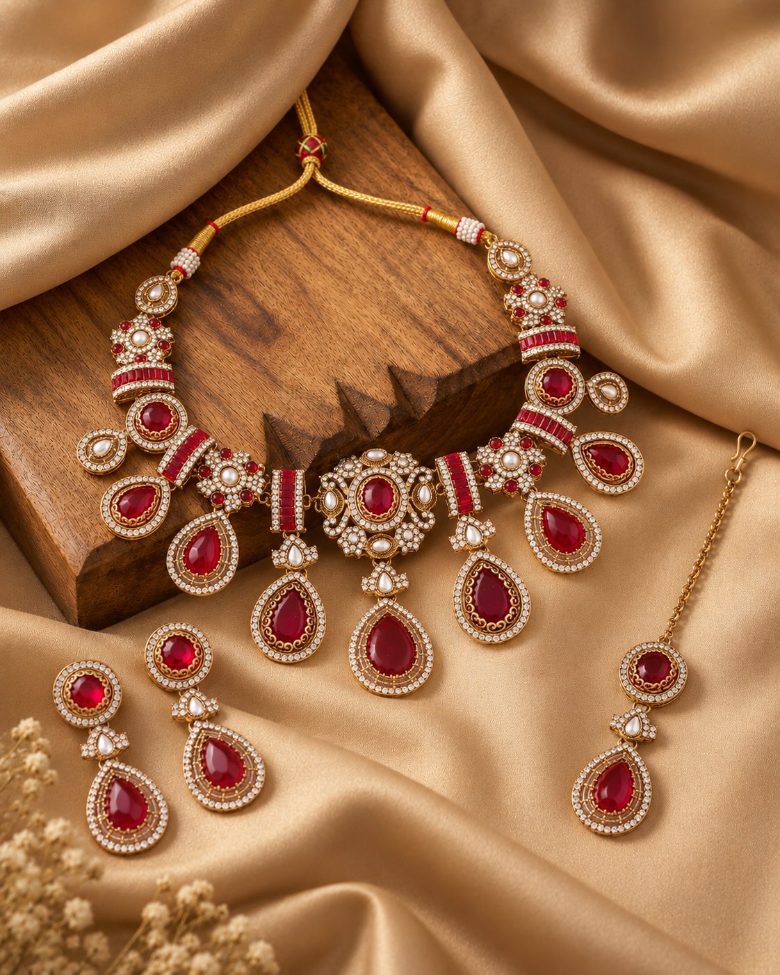 Ruby Arovia Premium Sabya Inspired Necklace Set with Earring & Teeka