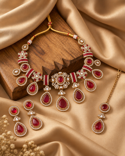 Ruby Arovia Premium Sabya Inspired Necklace Set with Earring & Teeka