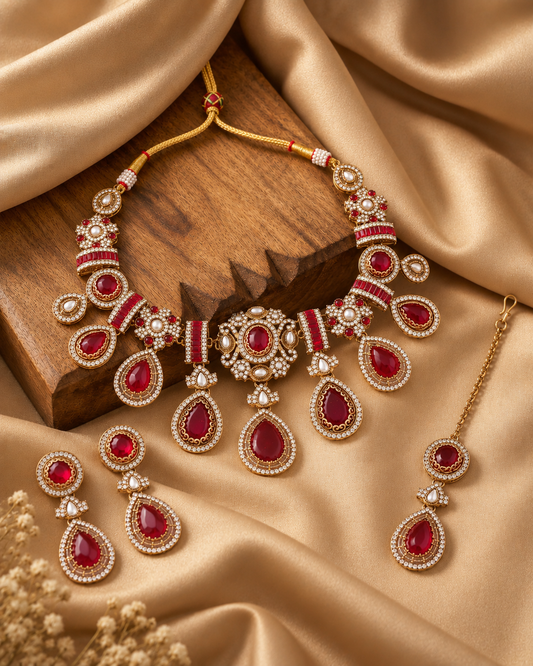 Ruby Arovia Premium Sabya Inspired Necklace Set with Earring & Teeka