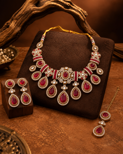 Ruby Arovia Premium Sabya Inspired Necklace Set with Earring & Teeka