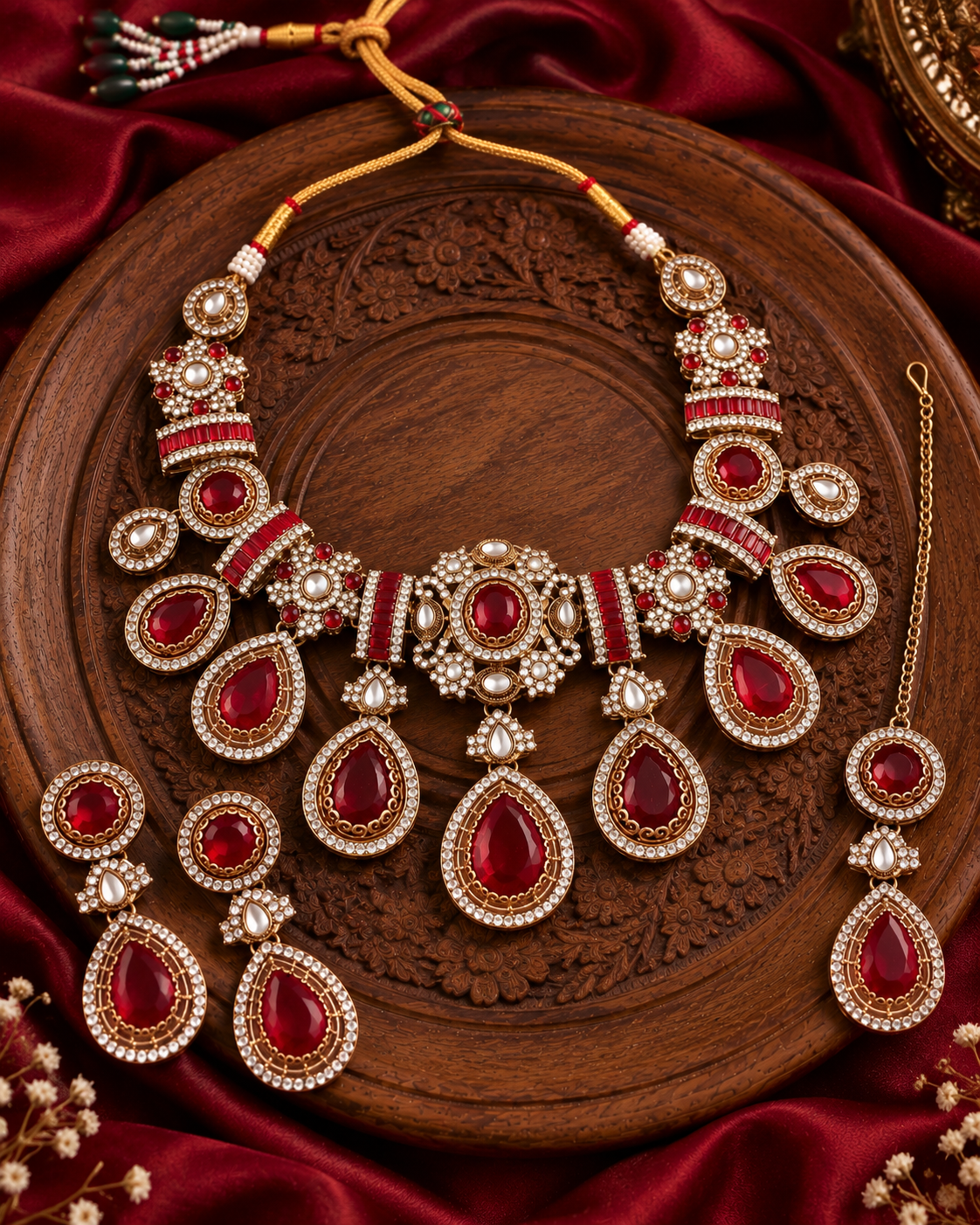 Ruby Arovia Premium Sabya Inspired Necklace Set with Earring & Teeka