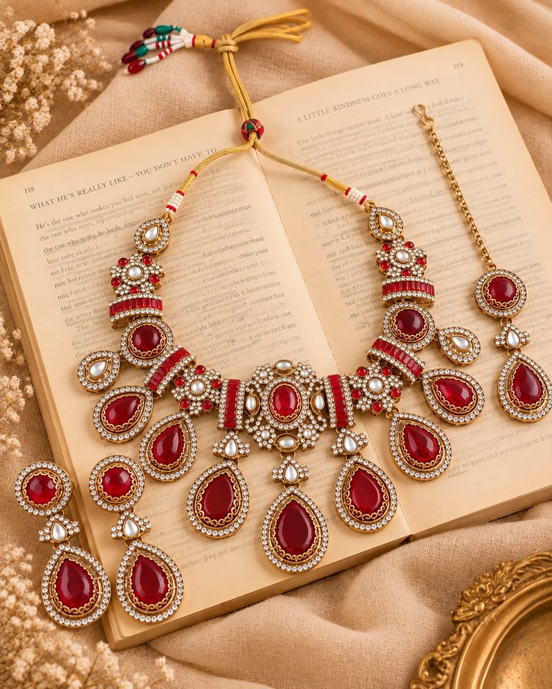 Ruby Arovia Premium Sabya Inspired Necklace Set with Earring & Teeka
