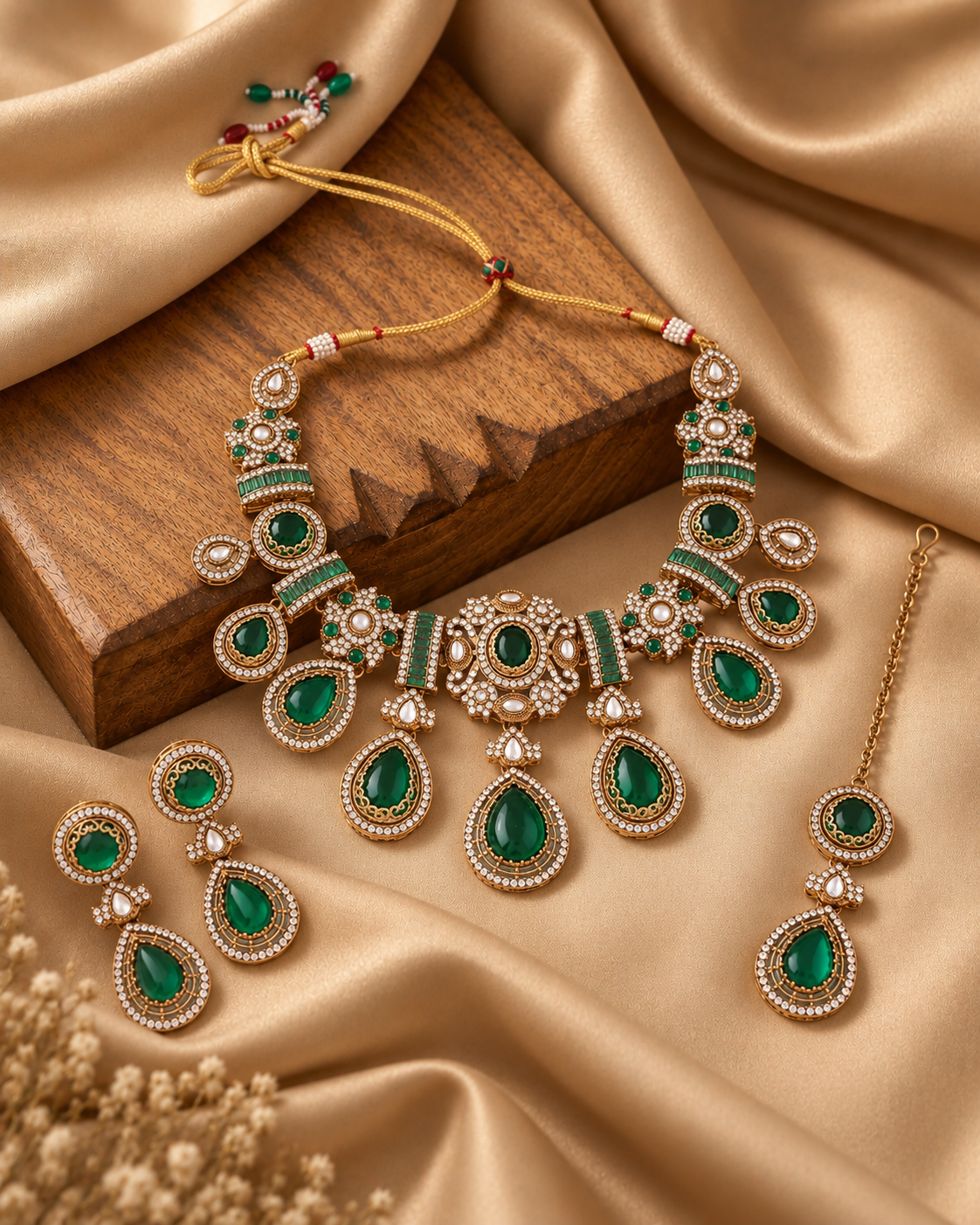 Green Arovia Premium Sabya Inspired Necklace Set with Earring & Teeka