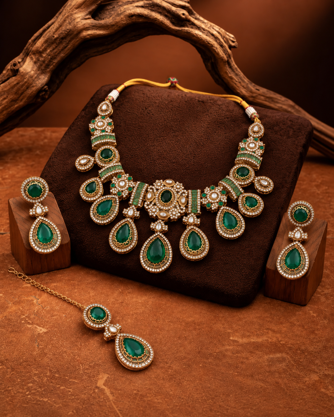 Green Arovia Premium Sabya Inspired Necklace Set with Earring & Teeka