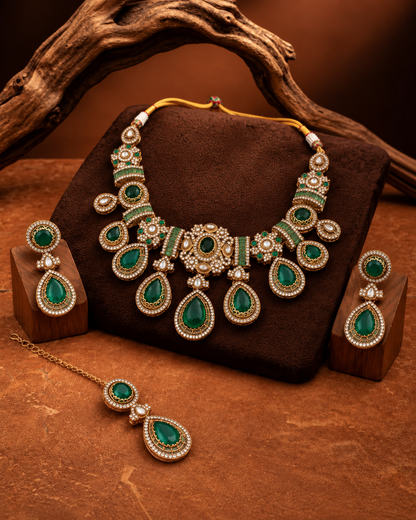 Green Arovia Premium Sabya Inspired Necklace Set with Earring & Teeka