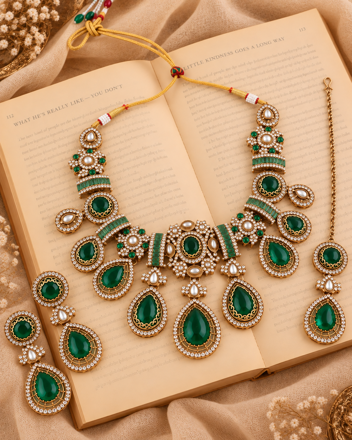 Green Arovia Premium Sabya Inspired Necklace Set with Earring & Teeka