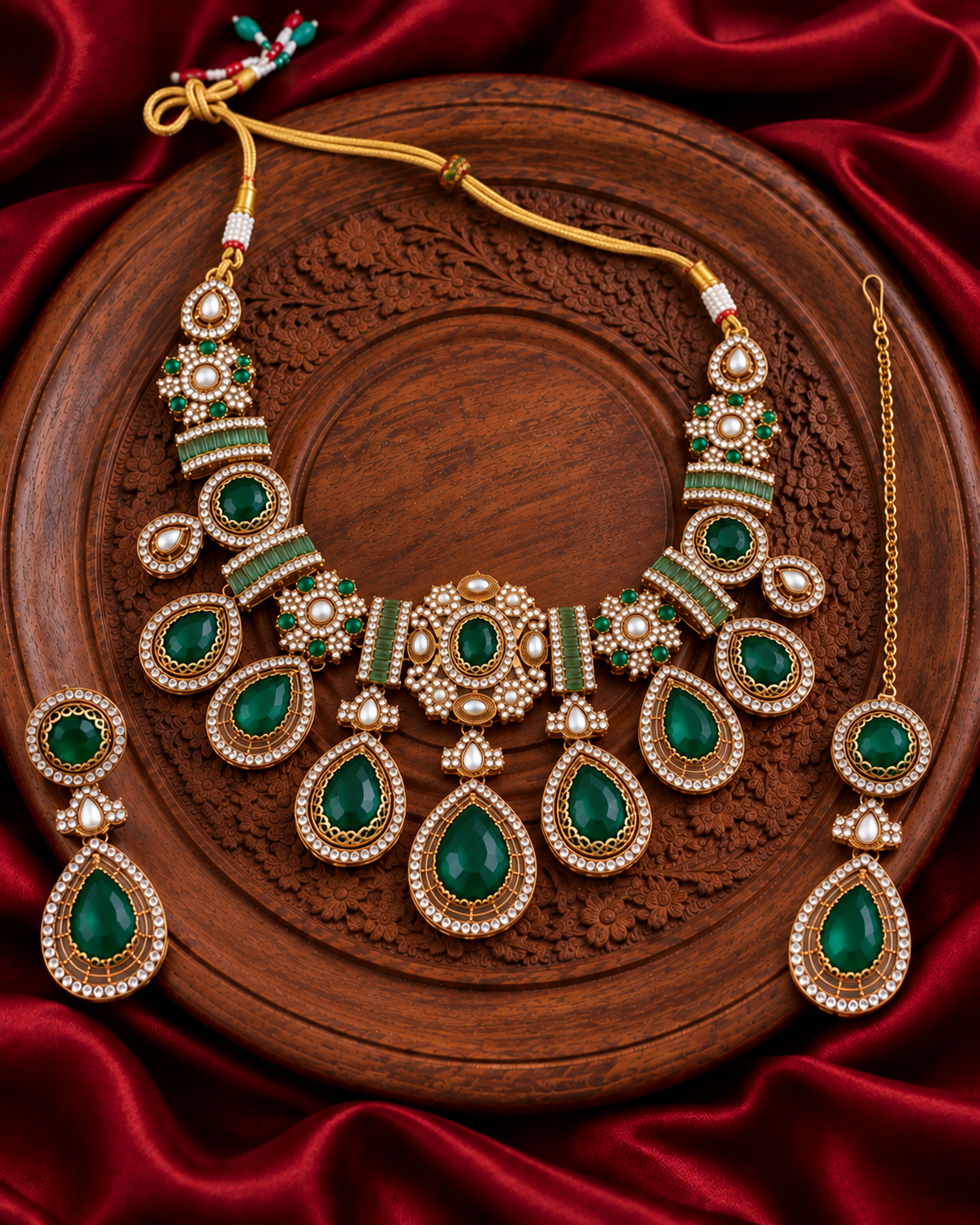 Green Arovia Premium Sabya Inspired Necklace Set with Earring & Teeka