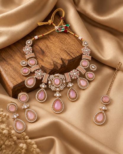 Blush Arovia Premium Sabya Inspired Necklace Set with Earring & Teeka