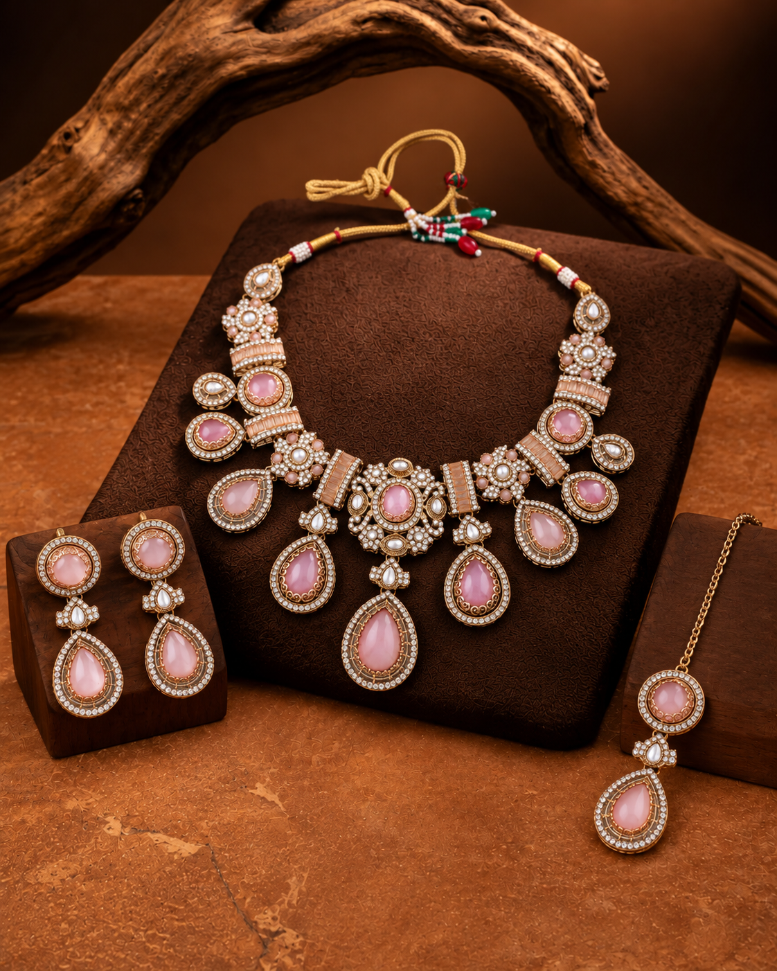 Blush Arovia Premium Sabya Inspired Necklace Set with Earring & Teeka