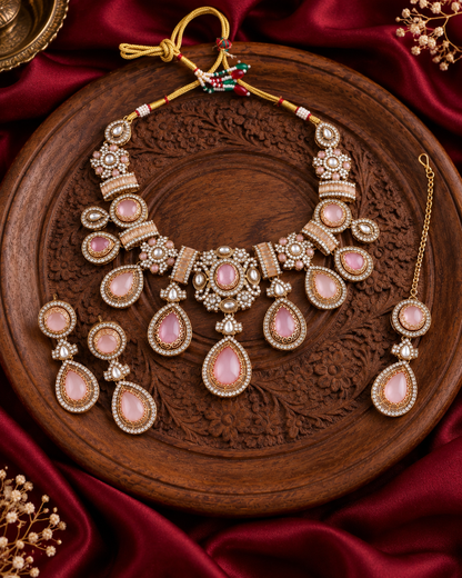 Blush Arovia Premium Sabya Inspired Necklace Set with Earring & Teeka