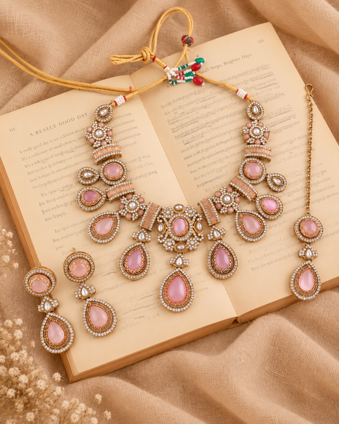 Blush Arovia Premium Sabya Inspired Necklace Set with Earring & Teeka