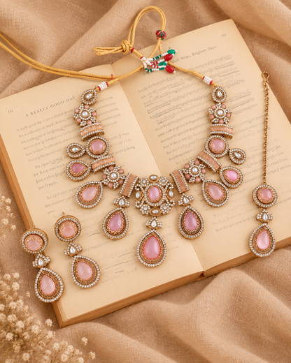 Blush Arovia Premium Sabya Inspired Necklace Set with Earring & Teeka