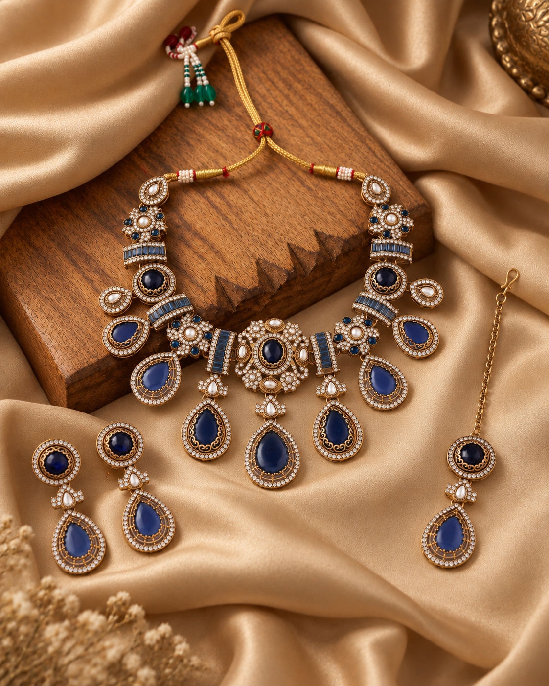 Blue Arovia Premium Sabya Inspired Necklace Set with Earring & Teeka
