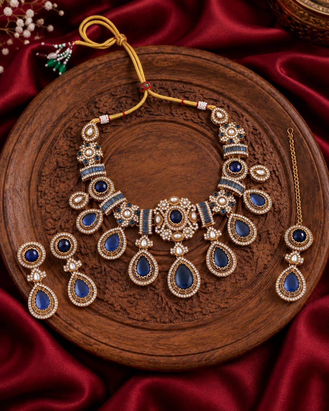 Blue Arovia Premium Sabya Inspired Necklace Set with Earring & Teeka