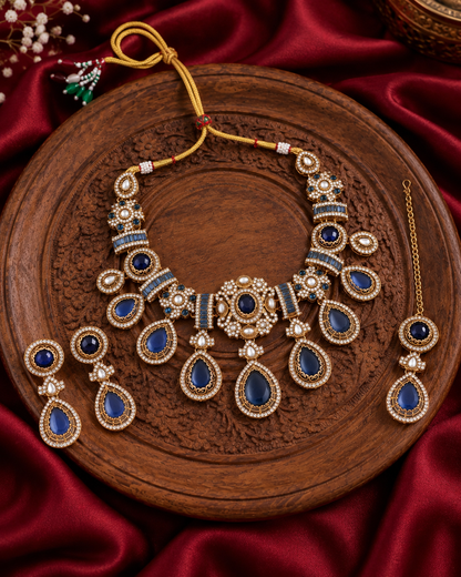 Blue Arovia Premium Sabya Inspired Necklace Set with Earring & Teeka