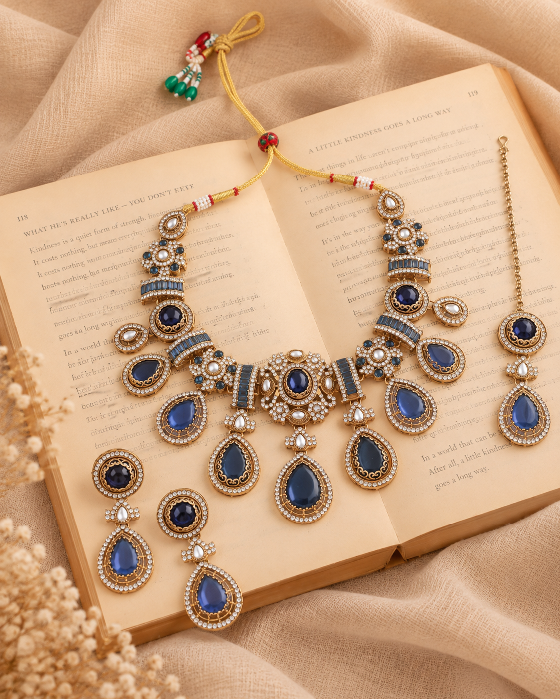 Blue Arovia Premium Sabya Inspired Necklace Set with Earring & Teeka