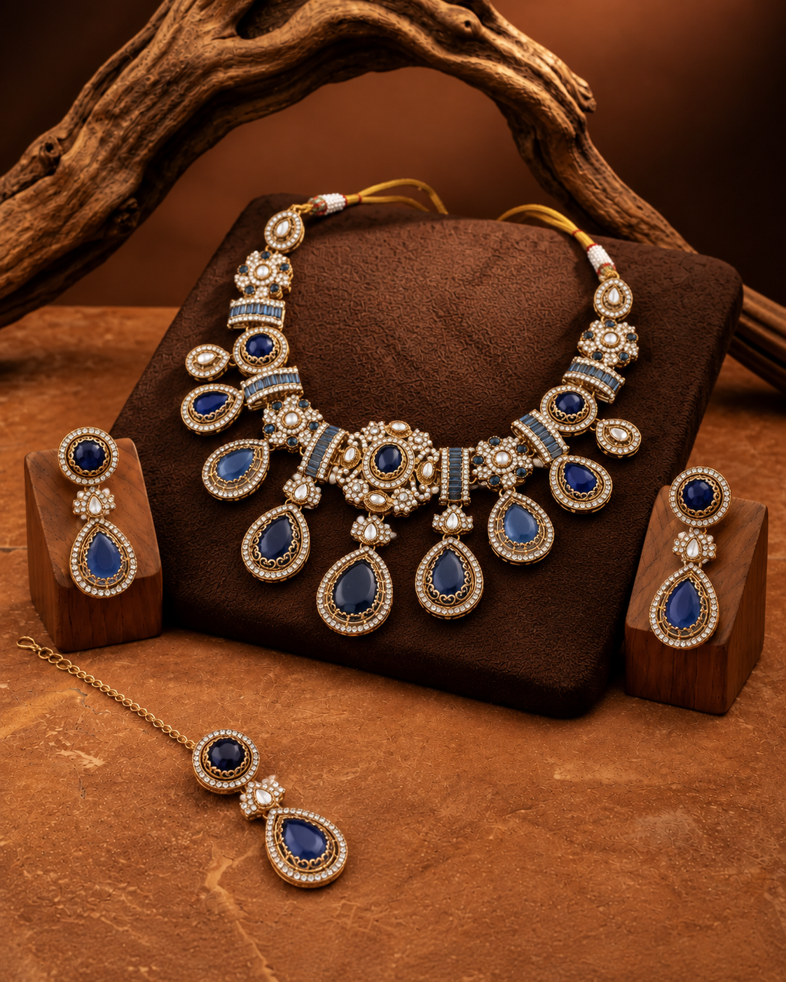 Blue Arovia Premium Sabya Inspired Necklace Set with Earring & Teeka