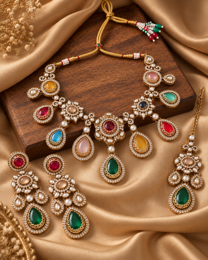 Multi Viranika Premium Sabya Inspired Necklace Set with Earring & Teeka