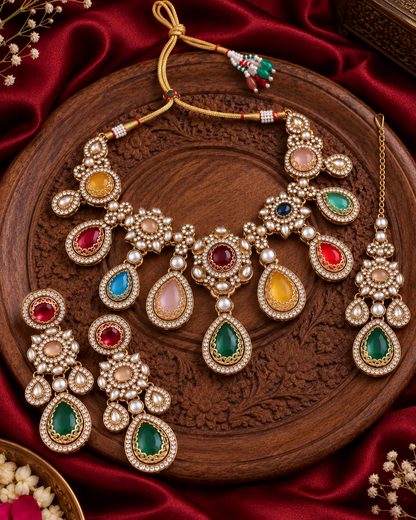 Multi Viranika Premium Sabya Inspired Necklace Set with Earring & Teeka