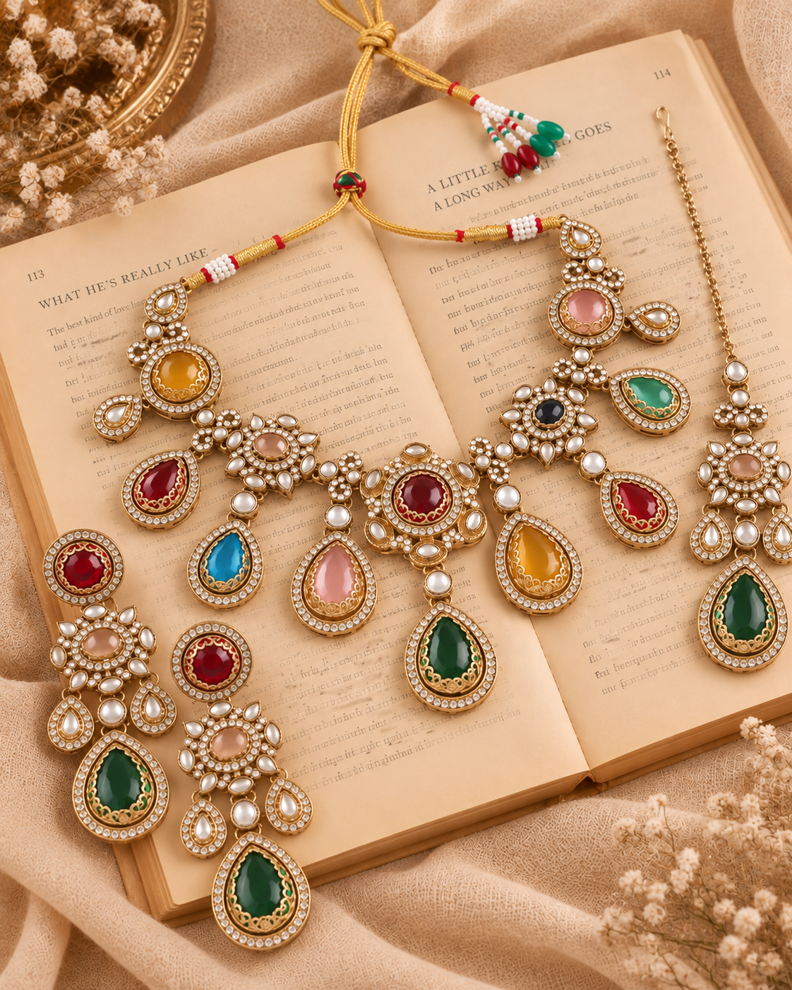 Multi Viranika Premium Sabya Inspired Necklace Set with Earring & Teeka