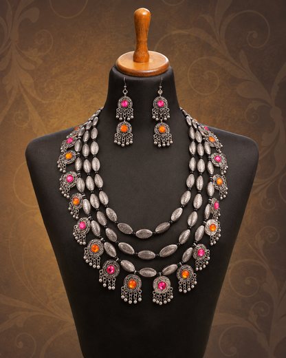 Pink And Orange Ranvijay Oxidised Silver Necklace & Earrings Set
