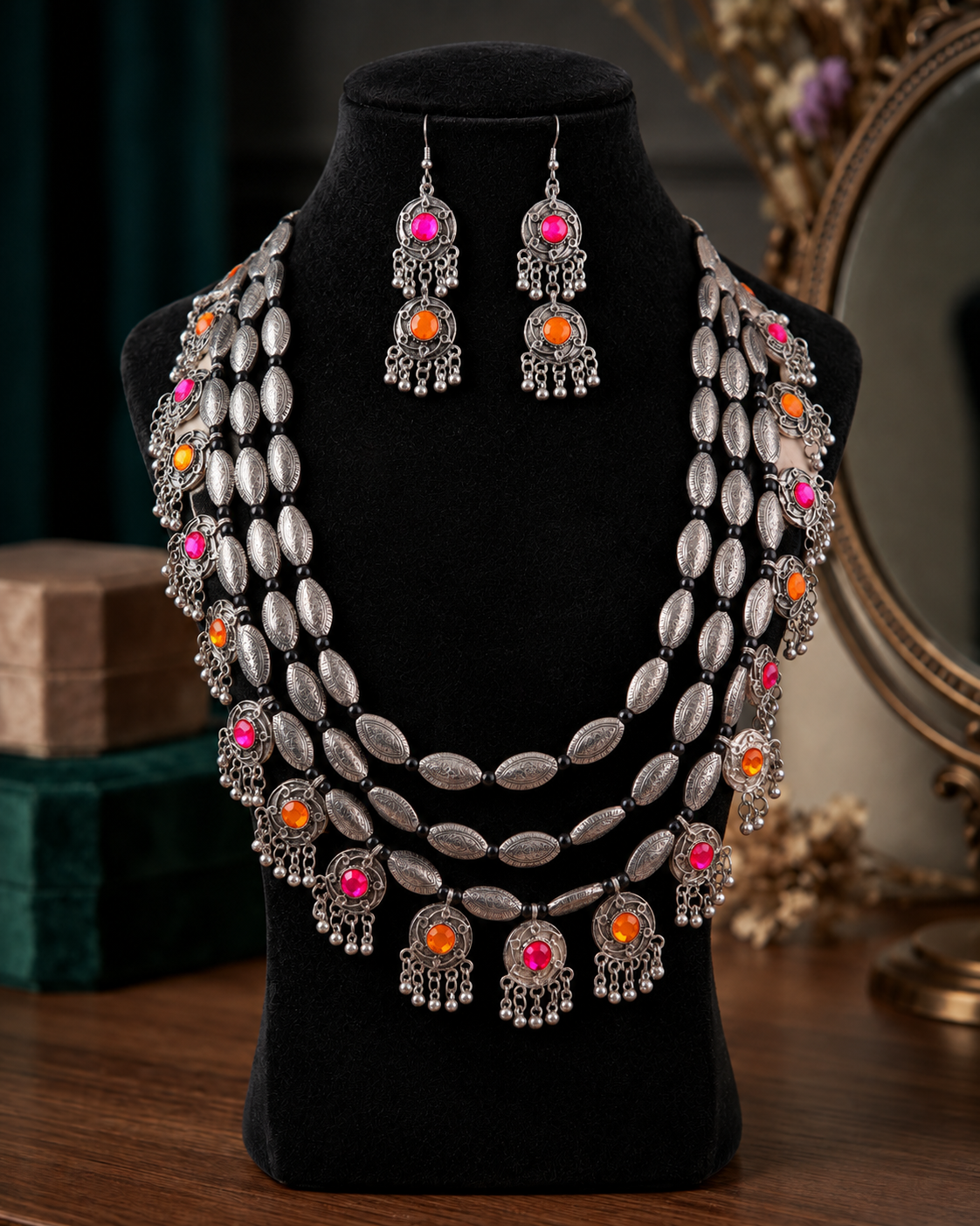 Pink And Orange Ranvijay Oxidised Silver Necklace & Earrings Set